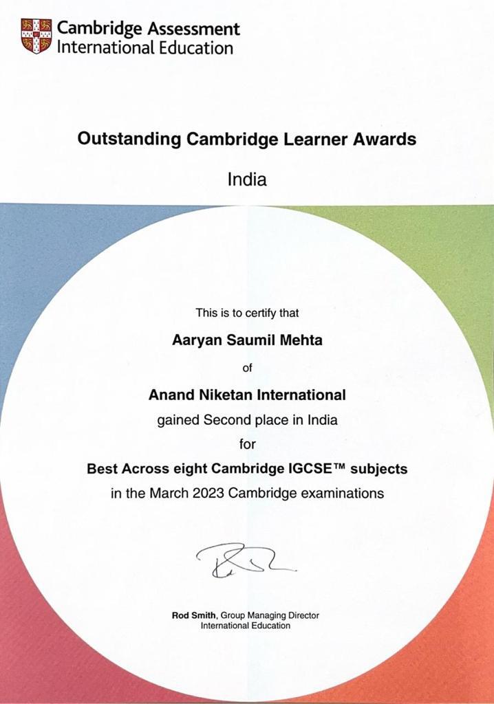 Learners from Anand Niketan International win prestigious Outstanding Cambridge Learner Awards