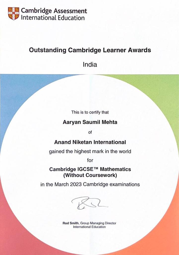 Learners from Anand Niketan International win prestigious Outstanding Cambridge Learner Awards