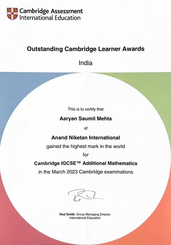 Learners from Anand Niketan International win prestigious Outstanding Cambridge Learner Awards